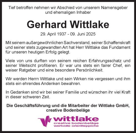Traueranzeige von Gerhard Wittlake 