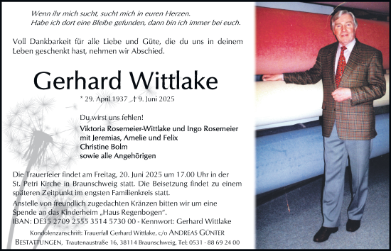 Traueranzeige von Gerhard Wittlake 