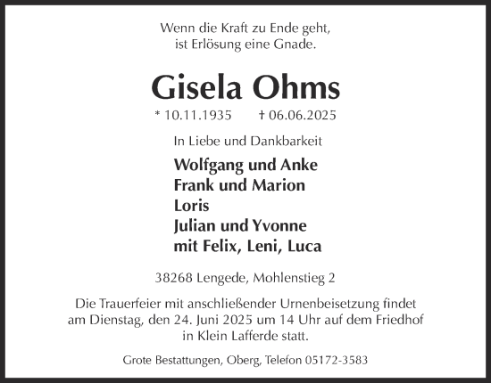 Traueranzeige von Gisela Ohms von Peiner Nachrichten