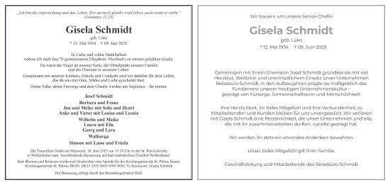Traueranzeige von Gisela Schmidt 