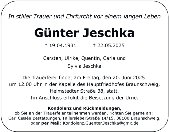 Traueranzeige von Günter Jeschka 