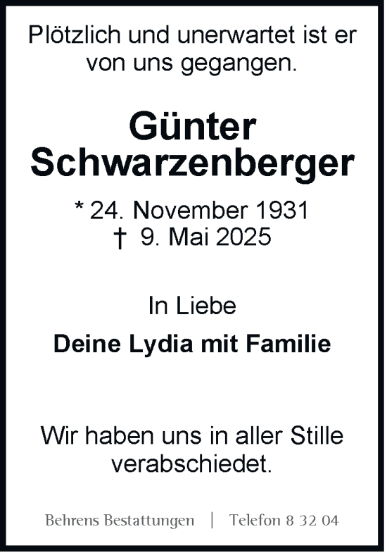 Traueranzeige von Günter Schwarzenberger von Neue Braunschweiger am Samstag