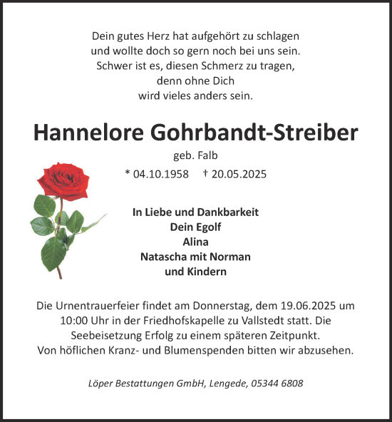 Traueranzeige von Hannelore Gohrbandt-Streiber von Peiner Nachrichten