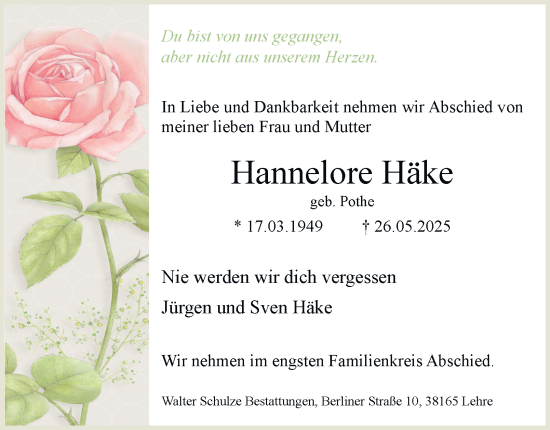 Traueranzeige von Hannelore Häke von Helmstedter Nachrichten