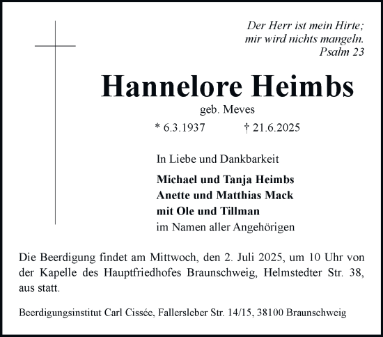 Traueranzeige von Hannelore Heimbs 