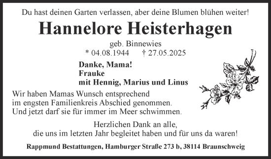 Traueranzeige von Hannelore Heisterhagen 