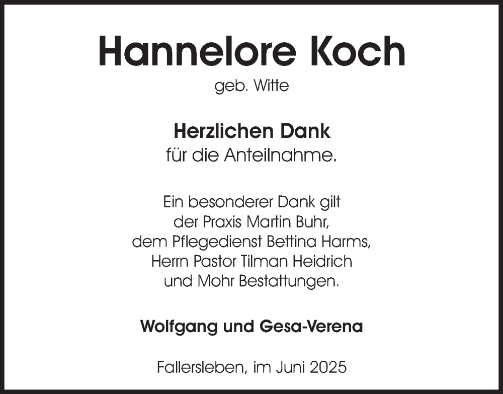  Traueranzeige für Hannelore Koch vom 14.06.2025 aus Braunschweiger Zeitung, Wolfsburger Nachrichten