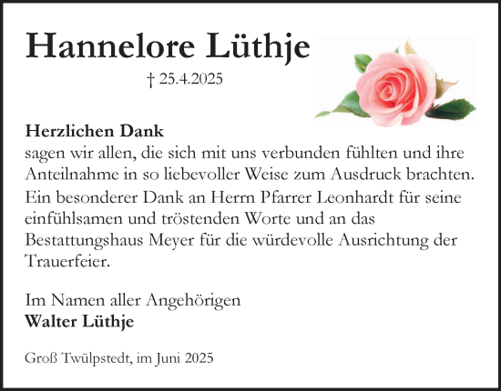 Traueranzeige von Hannelore Lüthje von Helmstedter Nachrichten