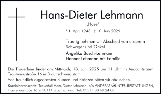 Traueranzeige von Hans-Dieter Lehmann 