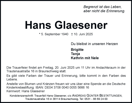 Traueranzeige von Hans Glaesener 