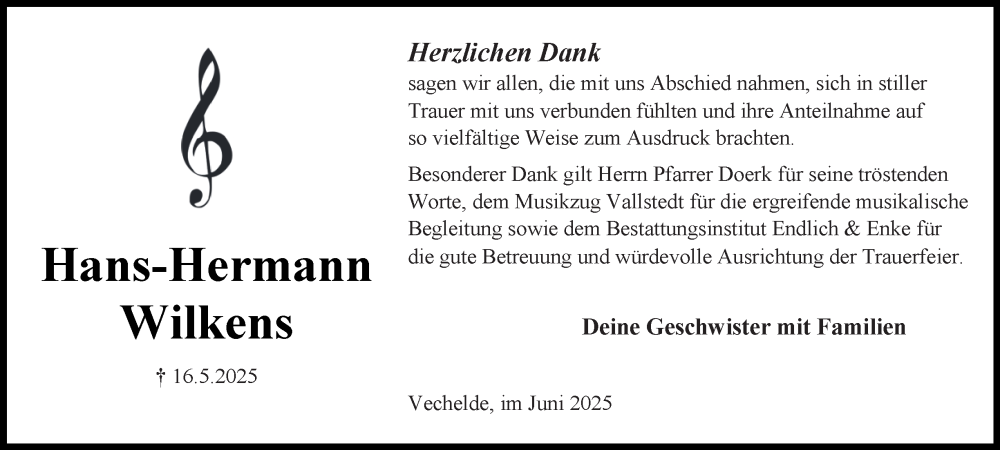  Traueranzeige für Hans-Hermann Wilkens vom 21.06.2025 aus Peiner Nachrichten