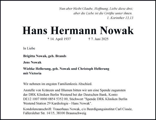 Traueranzeige von Hans Hermann Nowak von Braunschweiger Zeitung