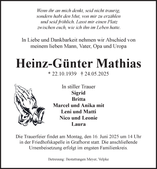 Traueranzeige von Heinz-Günter Mathias von Helmstedter Nachrichten