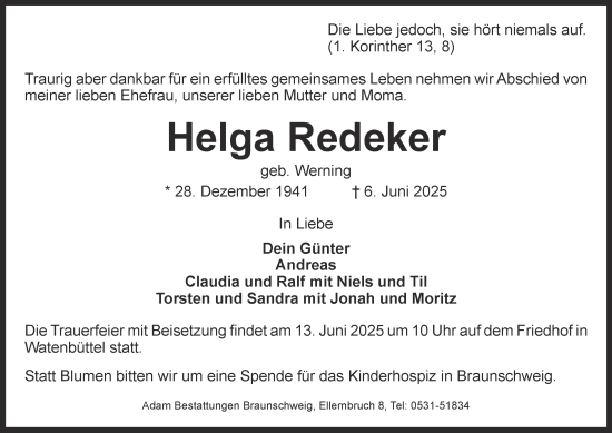 Traueranzeige von Helga Redeker 