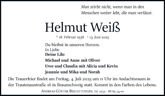 Traueranzeige von Helmut Weiß 