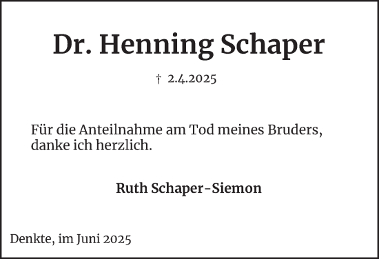 Traueranzeige von Henning Schaper von Wolfenbütteler Zeitung