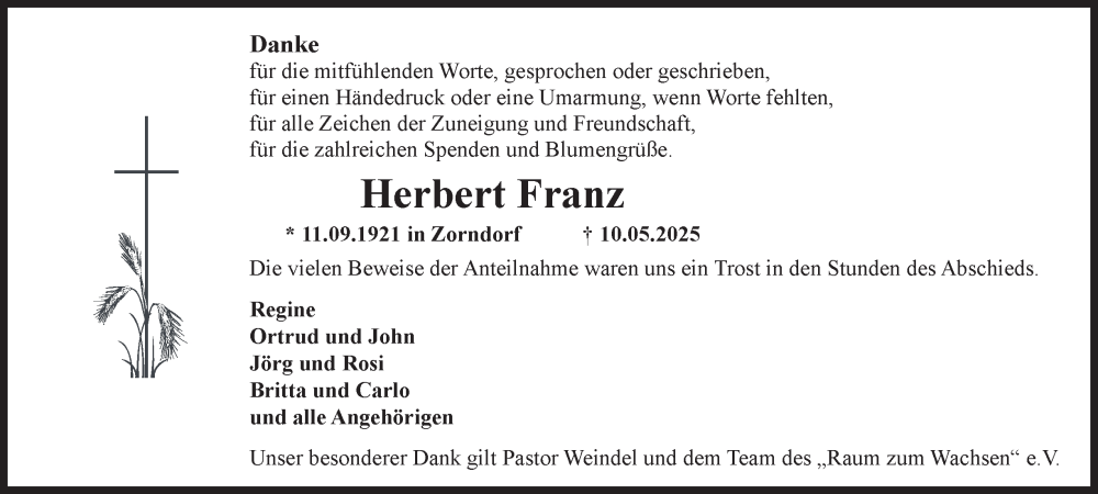  Traueranzeige für Herbert Franz vom 07.06.2025 aus Braunschweiger Zeitung, Wolfsburger Nachrichten