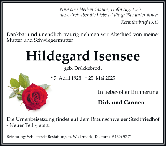 Traueranzeige von Hildegard Isensee 