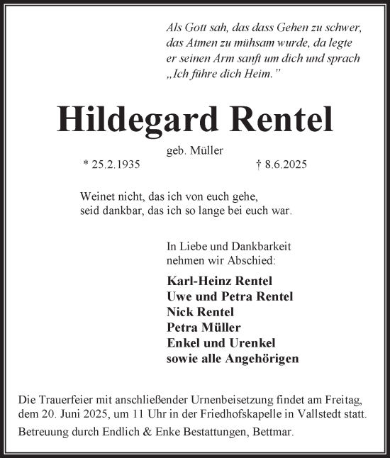 Traueranzeige von Hildegard Rentel von Peiner Nachrichten