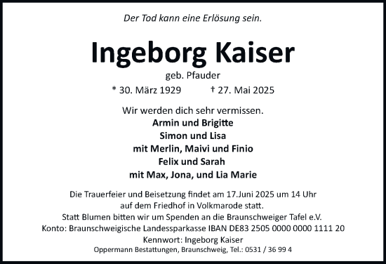 Traueranzeige von Ingeborg Kaiser 