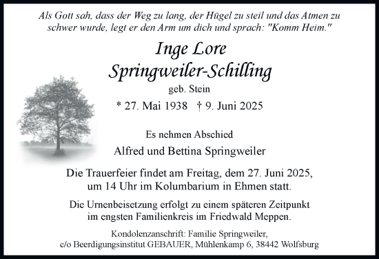 Traueranzeige von Inge Lore Springweiler-Schilling 