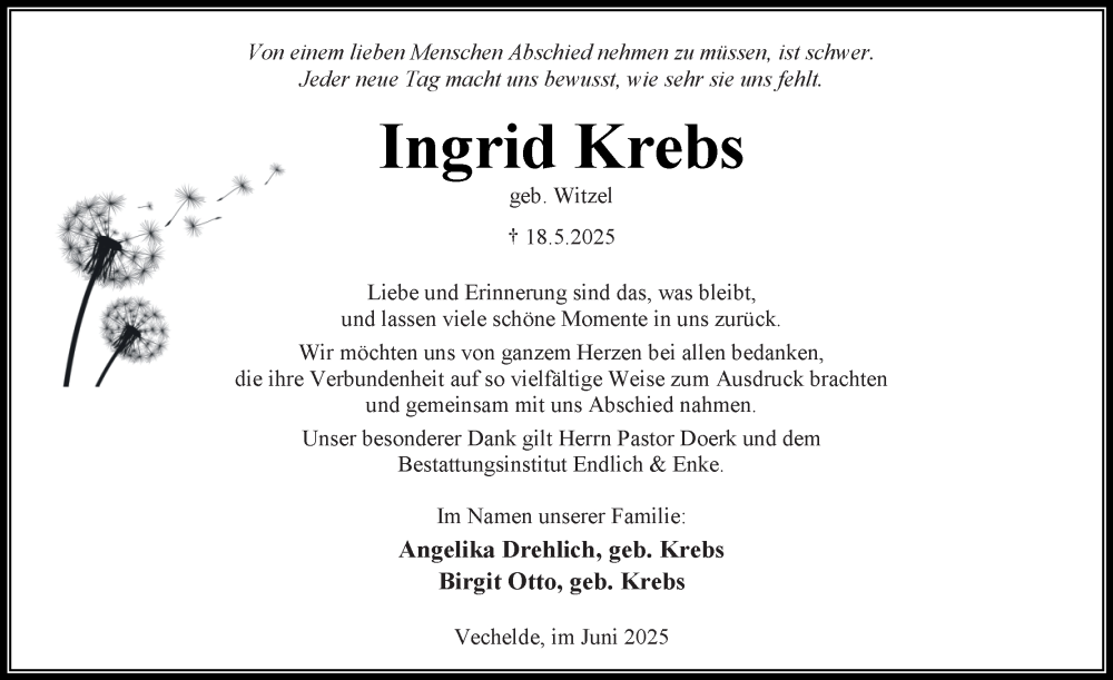  Traueranzeige für Ingrid Krebs vom 21.06.2025 aus Peiner Nachrichten