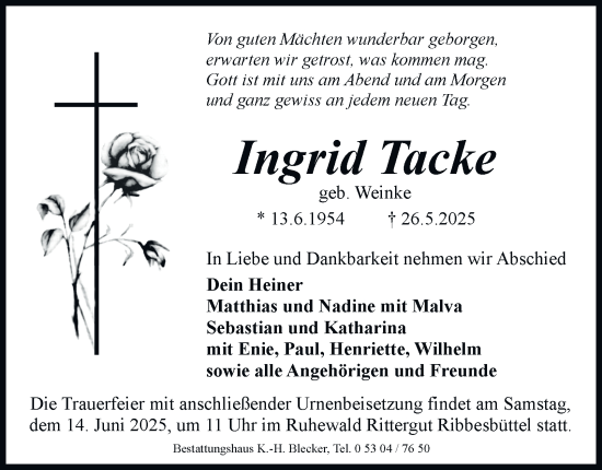 Traueranzeige von Ingrid Tacke 