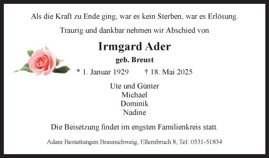 Traueranzeige von Irmgard Ader 