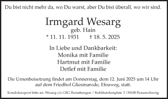 Traueranzeige von Irmgard Wesarg 