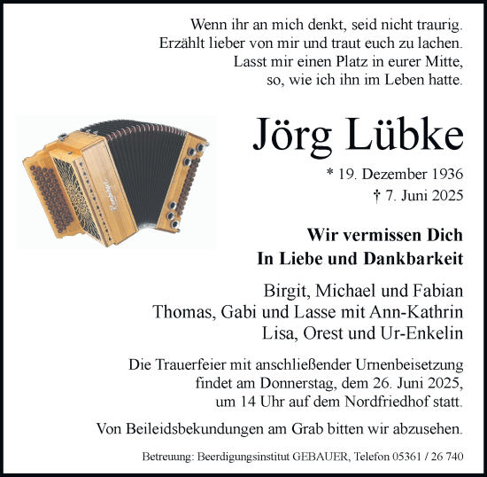 Traueranzeige von Jörg Lübke von Braunschweiger Zeitung, Wolfsburger Nachrichten