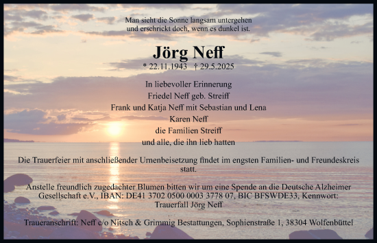 Traueranzeige von Jörg Neff von Wolfenbütteler Zeitung