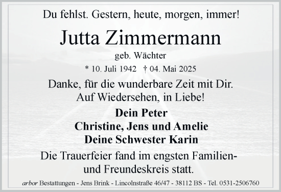 Traueranzeige von Jutta Zimmermann 