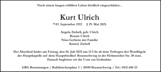 Traueranzeige von Kurt Ulrich 