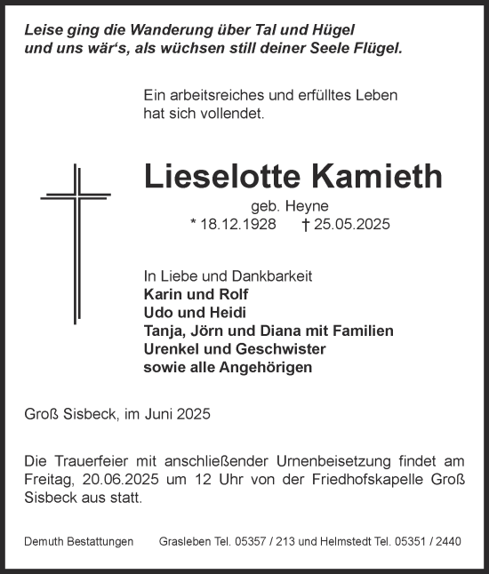 Traueranzeige von Lieselotte Kamieth von Helmstedter Nachrichten