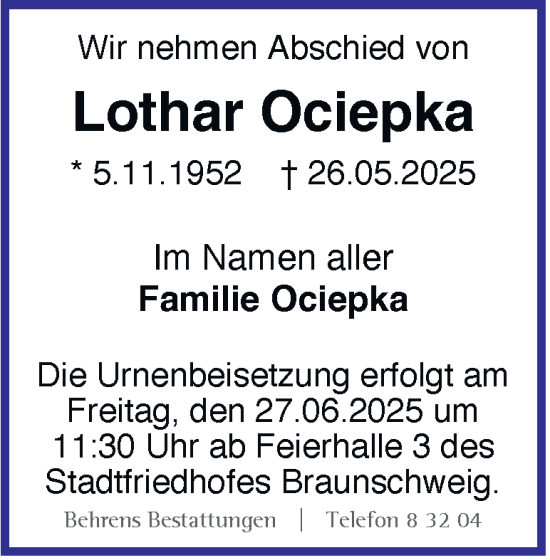 Traueranzeige von Lothar Ociepka 