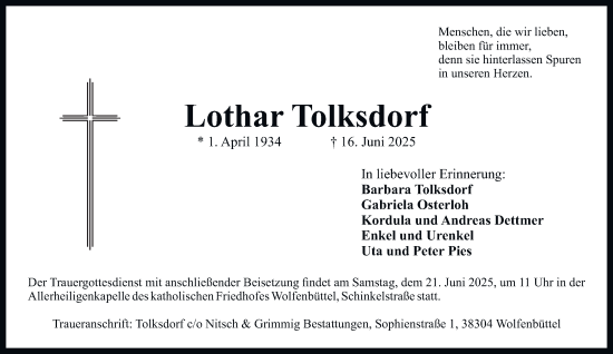 Traueranzeige von Lothar Tolksdorf von Wolfenbütteler Zeitung