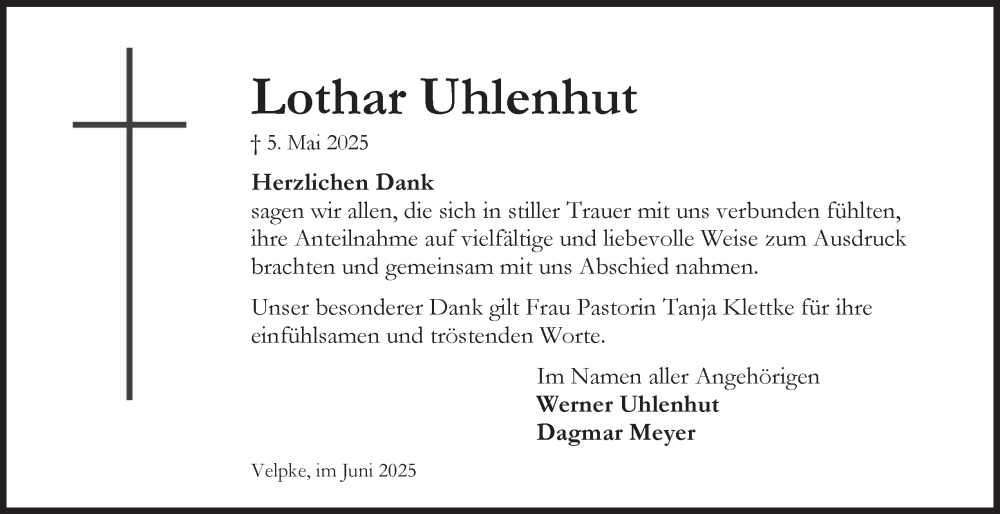  Traueranzeige für Lothar Uhlenhut vom 14.06.2025 aus Helmstedter Nachrichten