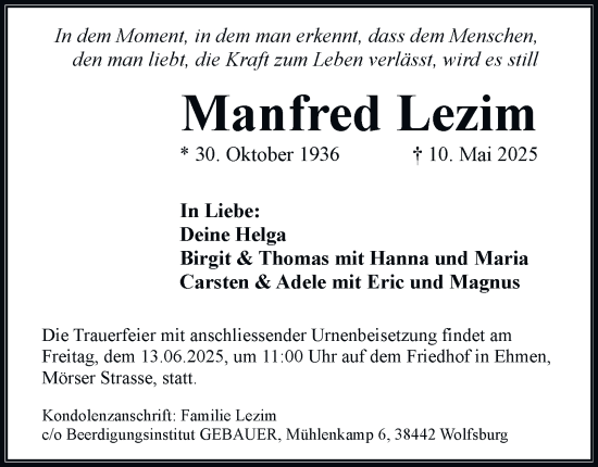 Traueranzeige von Manfred Lezim 