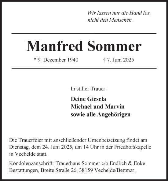 Traueranzeige von Manfred Sommer von Peiner Nachrichten