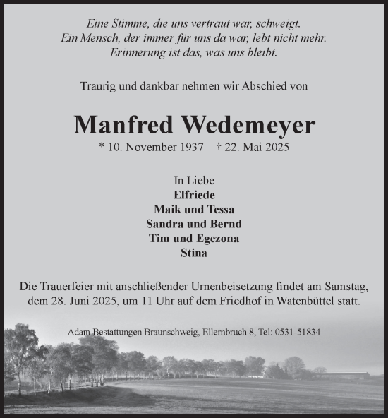 Traueranzeige von Manfred Wedemeyer 