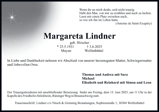 Traueranzeige von Margareta Lindner 