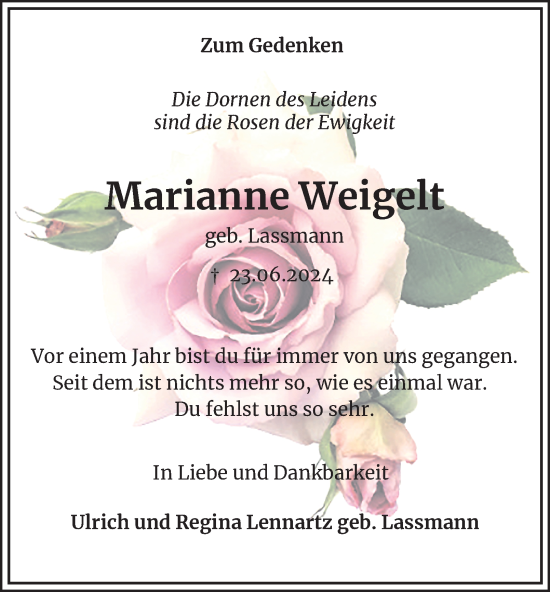 Traueranzeige von Marianne Weigelt von Wolfenbütteler Zeitung