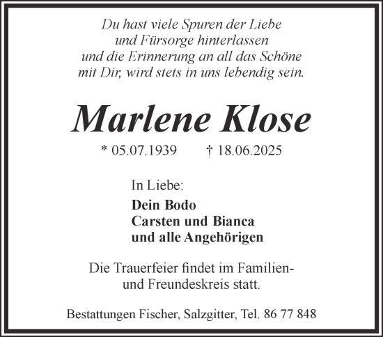 Traueranzeige von Marlene Klose von Salzgitter-Zeitung