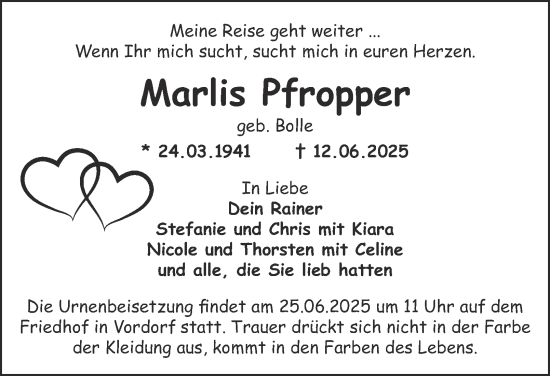 Traueranzeige von Marlis Pfropper 
