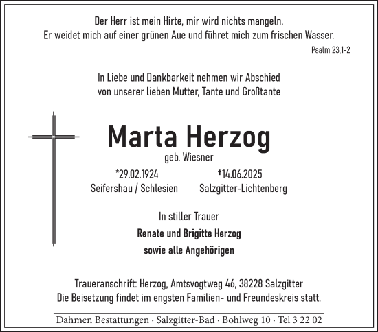 Traueranzeige von Marta Herzog von Salzgitter-Zeitung