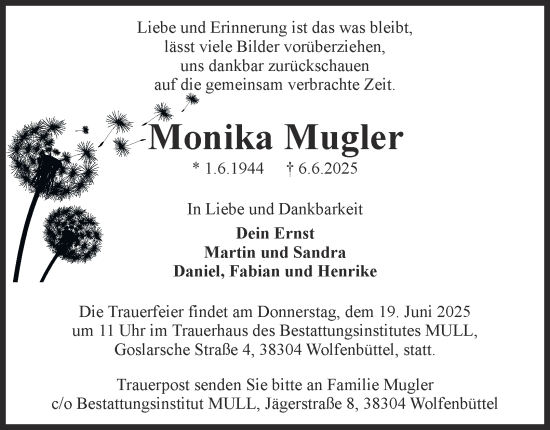 Traueranzeige von Monika Mugler von Wolfenbütteler Zeitung