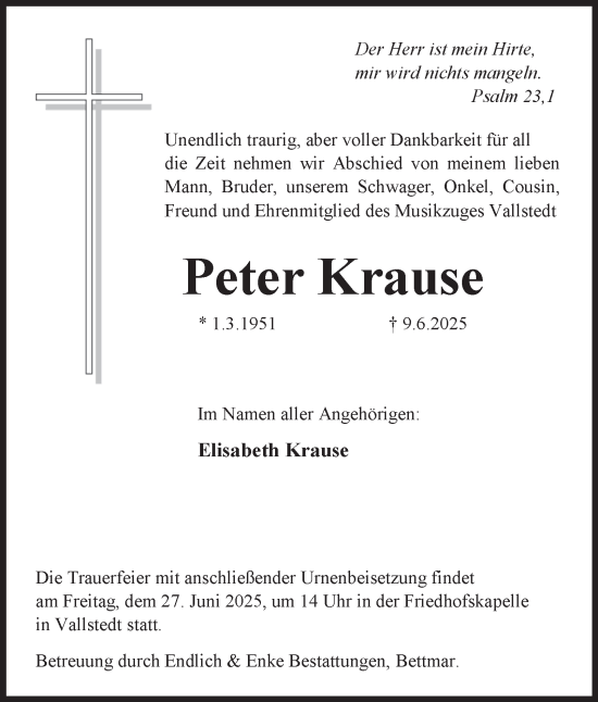Traueranzeige von Peter Krause von Peiner Nachrichten