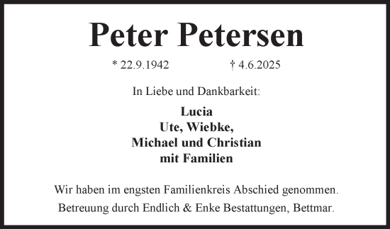 Traueranzeige von Peter Petersen von Peiner Nachrichten