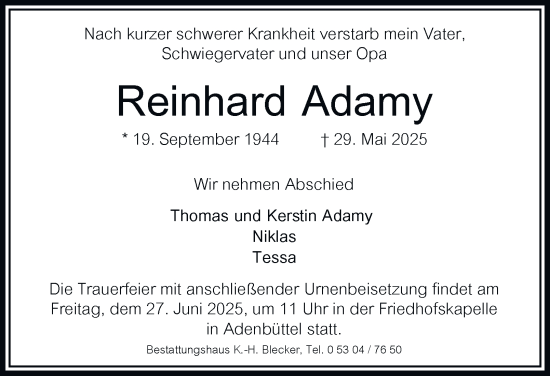 Traueranzeige von Reinhard Adamy 