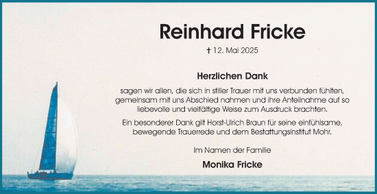 Traueranzeige von Reinhard Fricke von Braunschweiger Zeitung, Wolfsburger Nachrichten